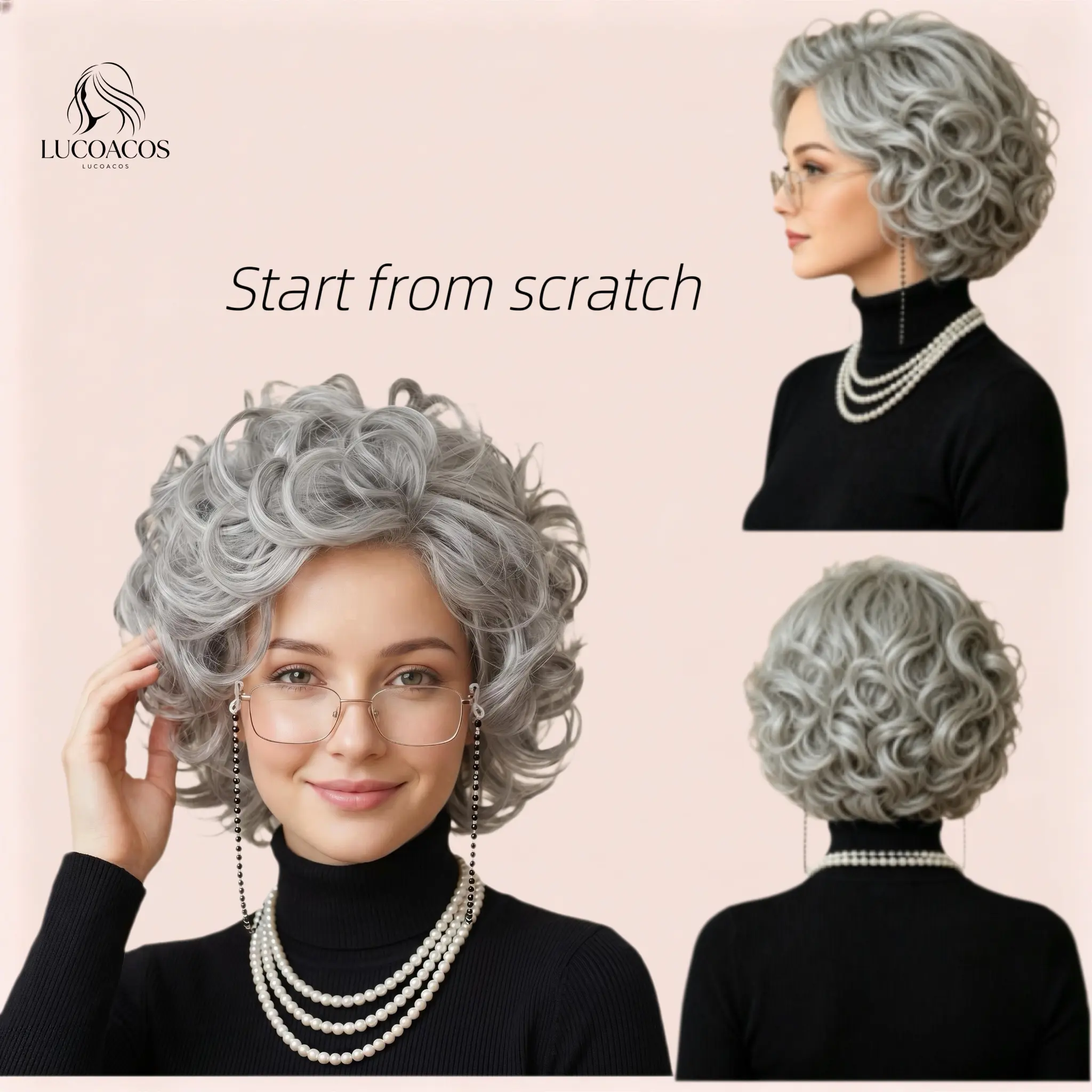 Old Lady Costume Wig and Accessories Set Silvery White Short Curly Granny Wig