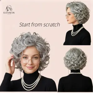 Old Lady Costume Wig and Accessories Set Silvery White Short Curly Granny Wig
