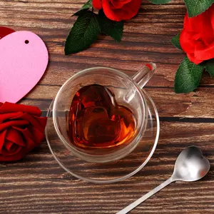 Heart Shaped Double Walled Glass Mug, Clear Tea Cup, Cappuccino Saucer, Heart-Shaped Spoon, Valentine's Day Party Supplies