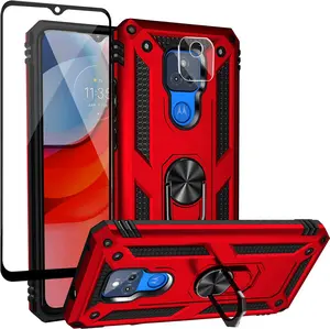 Phone Case for Motorola Moto G Play 2021 Case with Tempered Glass Screen Protector and Camera Screen Protector, Military Grade Shockproof Protective Case Cover with Rotating Holder Kickstand (JS-Red)