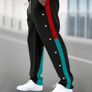 Men's Navy Blue Colorblock Track Pants, Red & Teal Side Stripe with Snap Button Detail, Elastic Waist with Drawstring, Straight-Leg Streetwear Joggers