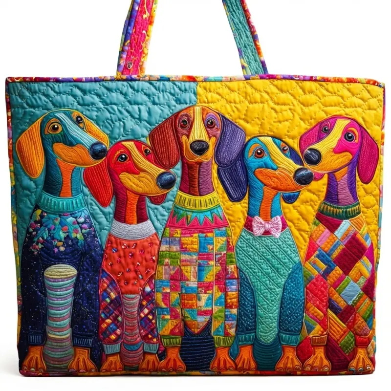 Handbag Shoulder Bag, Women Colorful Dachshund Dog Animal Art Print Boho Quilted Polyester Printed Hand Shoulder Bag, Weekend Vacation, Outdoor Travel, Pet Lover Gathering, Oversized Large Capacity Lightweight Reusable Durable Storage Handbag
