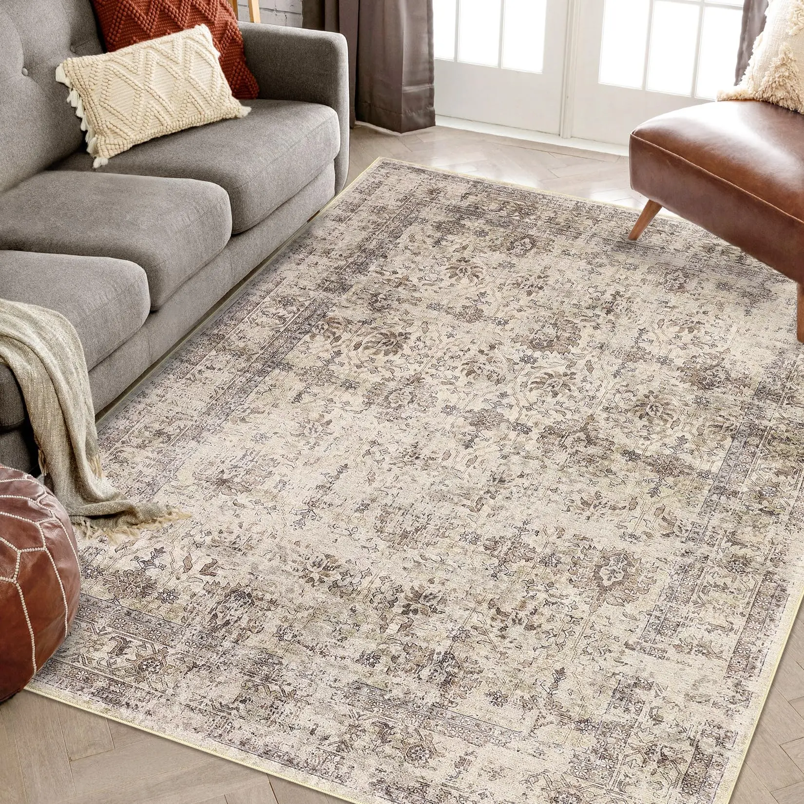 【GARVEE】Vintage Distressed Area Rugs Available in Sizes 8x10, 9x12, 10x13 with Non-Slip Backing, Machine Washable, Low-Pile Soft Velvet Texture, Foldable Design for Living Room, Bedroom, Dining Room, Nursery, Office