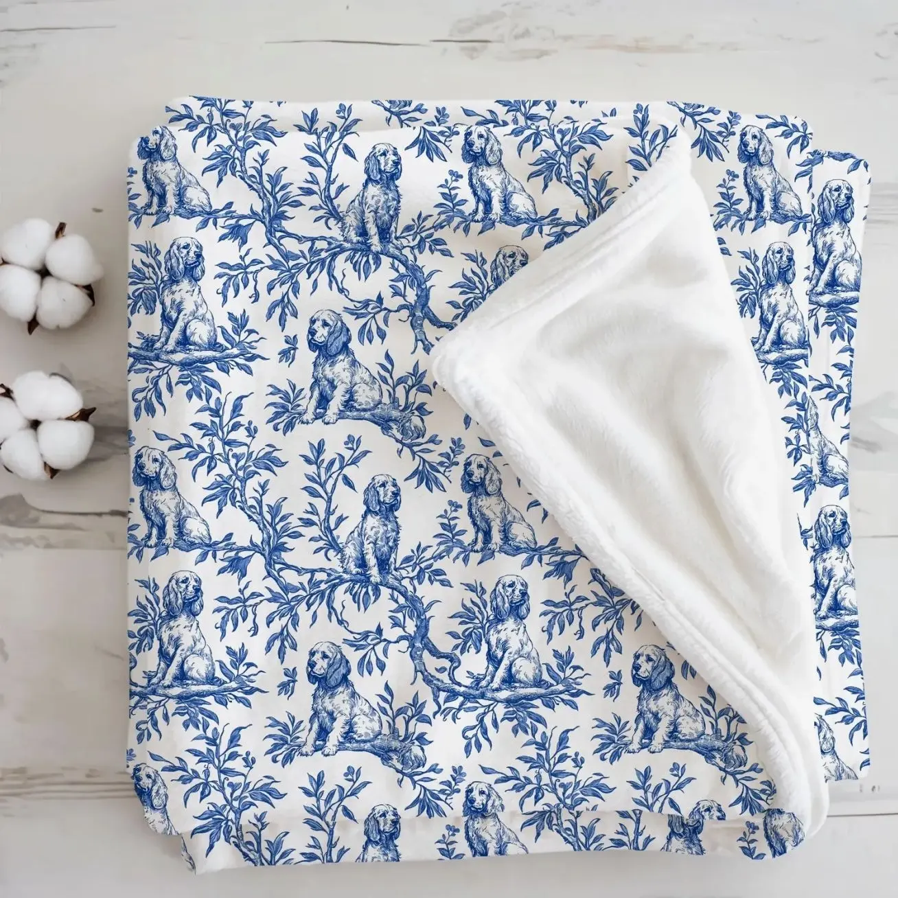 Cocker Spaniel Blue Toile De Jouy Fleece Blanket For Dog Dad Mom & Puppy Owner, Personalized Dog Couch Bed Throw, Custom Housewarming Gift