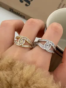 Elegant Adjustable Open Ring with Micro Zirconia Inlay, Micro Zirconia Rings, Fashionable Versatile Design, High-End Korean Japanese Style Jewelry for Women