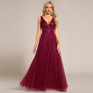 Ever-Pretty Deep V Sequin Mesh Gown with Chiffon Layers – Elegant Open Back Dress for Formal Events, Evening & Destination Weddings