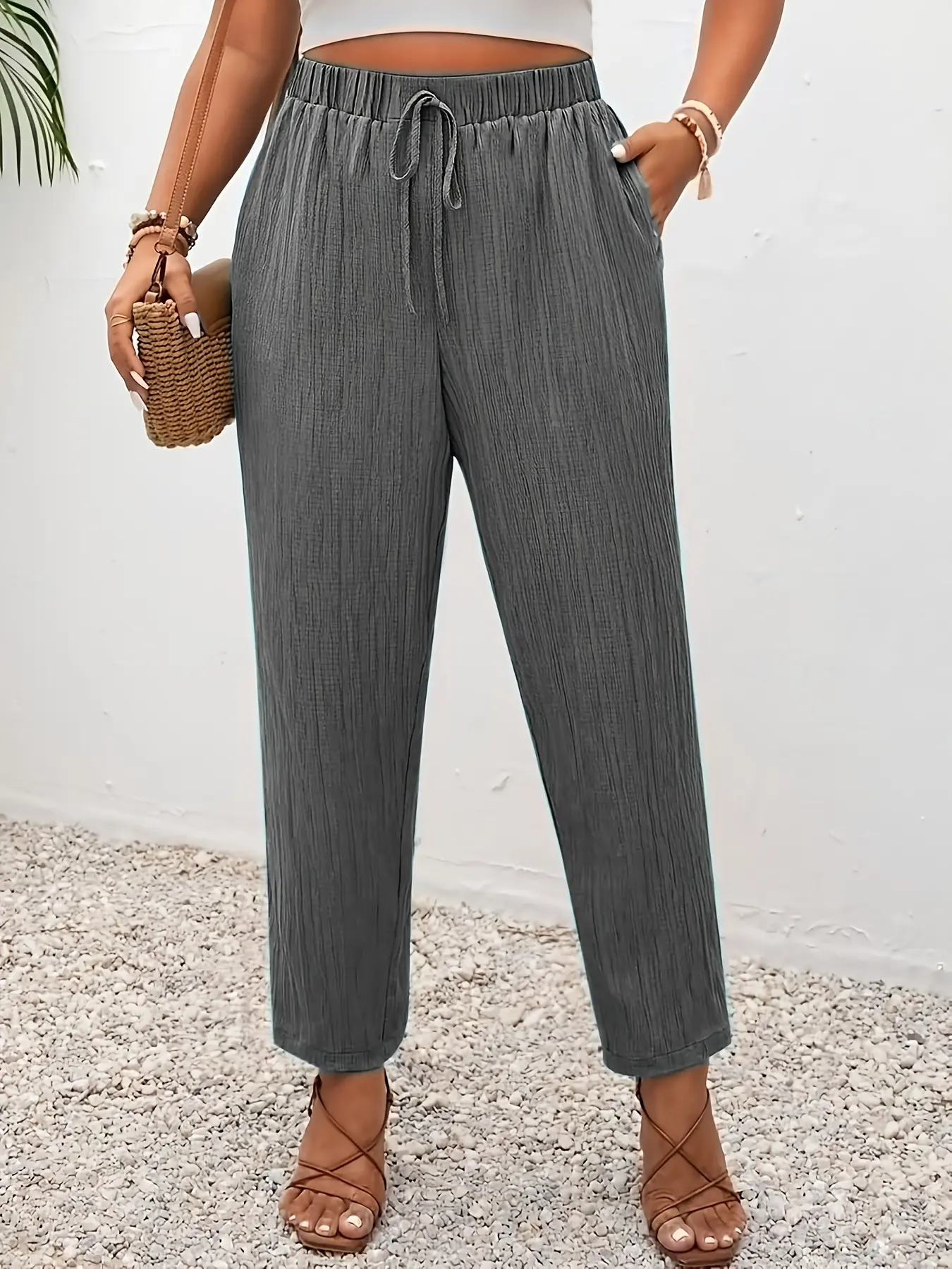 Extended Elegance, Slant Pocket Design, Faux Drawstring Detailing, Elastic Waistband, Versatile Everyday Commute Pants for Women - Plus Size