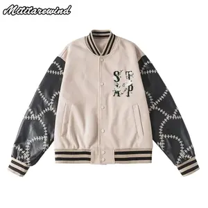 Hip Hop Streetwear Autumn Baseball Jacket Men Flowers Embroidery Leather Patchwork Oversized Leather Jacket Women Outerwear