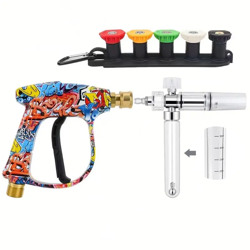 Pro Pressure Washer Foam Cannon for Cars - 1/4-in Quick Connect, Silicone Components, M22 Threads, Aluminum Interchangeable Spray Tool, Angle Adjustment, Foam Adjustment, 5 Nozzle Tips, Belt Clip Nozzle Holder, Black & Colorful Graffiti-Design Lance, Alum