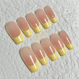 Yellow French Tip Handmade Press-On Nails | Medium Tapered Square Shape, 10pcs | Fresh Pastel Clean Girl Design | Nude Solid Base & Bright Yellow French Tip & High Gloss | Reusable DIY Nail Kit for Spring Summer Daily Wear | Durable Elegant Look