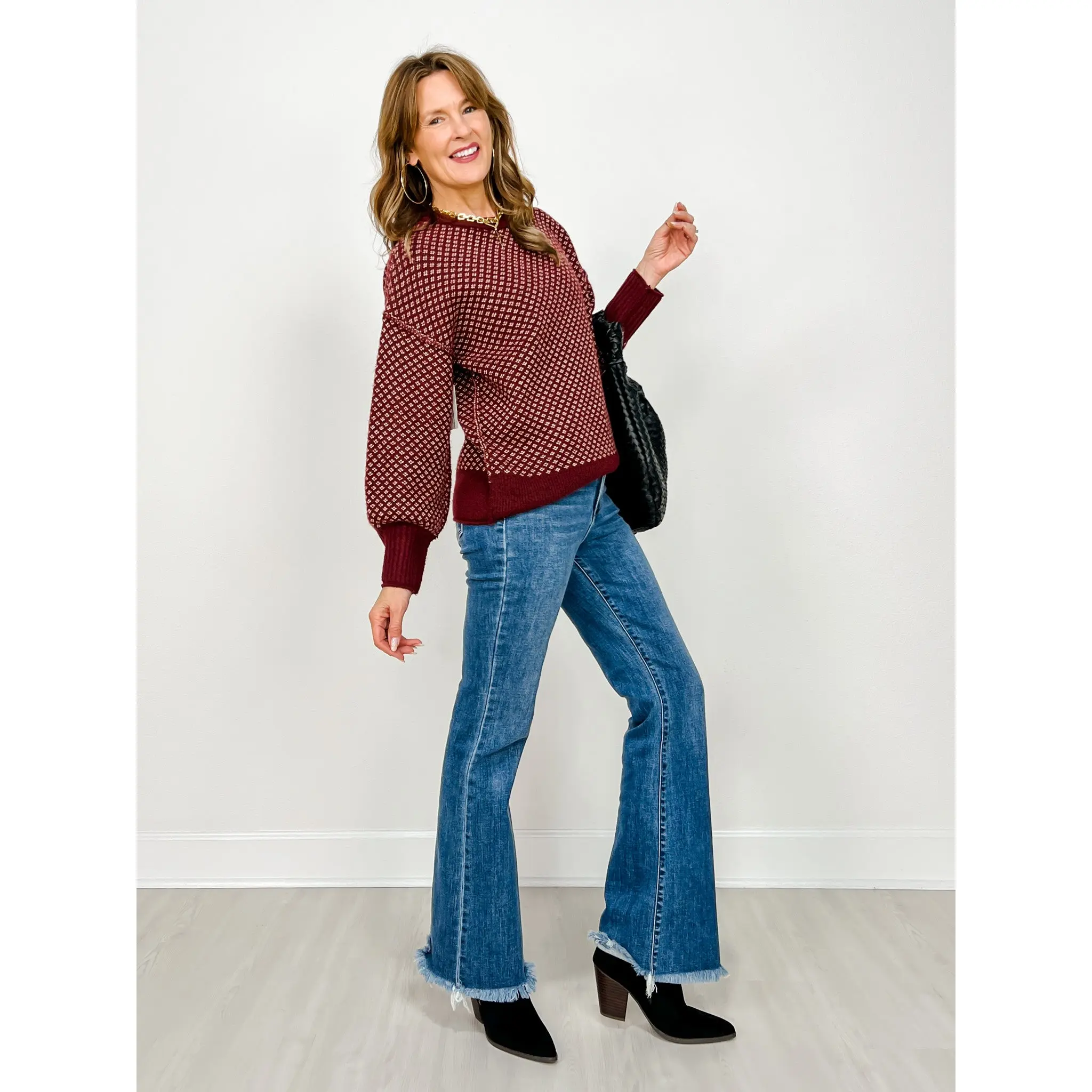 Mini Jacquard Crew Neck Long Sleeve Knit Sweater