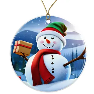 Snowman Ornament - Cute Christmas Decor, Winter Holiday Gift, Festive Tree Decoration, Holiday Ornament with Gift Image Ceramic Ornament - 3 Inch Christmas Tree Round Ornament - Xmas Holiday Decor - String Included - ORNW0183