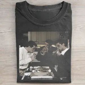 Vintage Friends Eating Pizza Graphic Tee - Friends Sitcom - Movie Shirt - Chandler Bing - Joey Tribbiani - Ross Geller - Funny Momments - Gift for Friends - Memorial Gifts Menswear Top