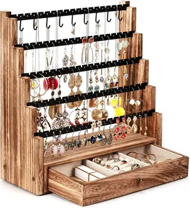 Earring Organizer, 5 Layer Earring Holder Organizer with Necklace Holder Pole, Rustic Wood Jewelry Organizer Stand Display for Stud Earring Bracelet Necklace Ring, 175 Earring Holes