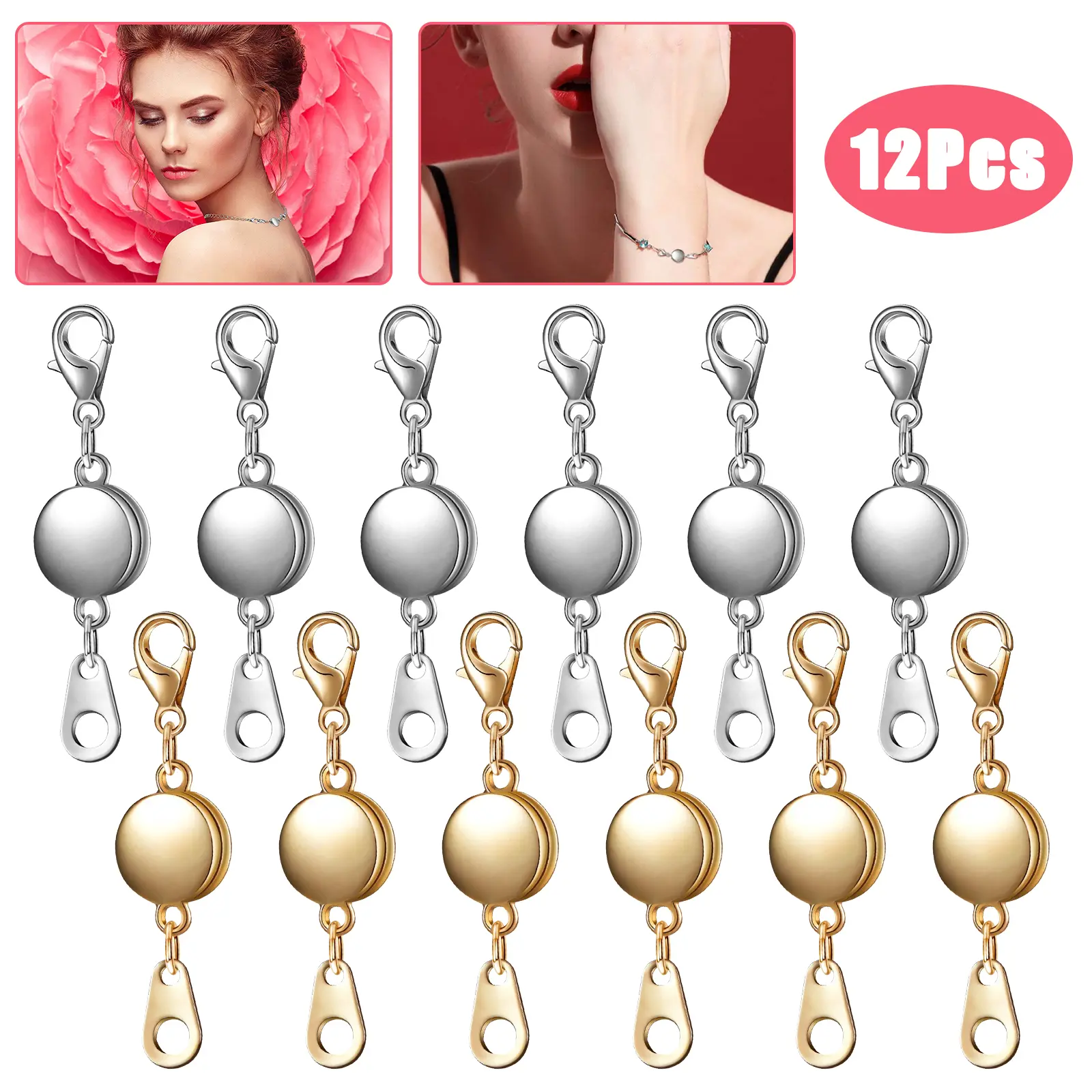 12pcs Magnetic Lobster Clasps kit - Locking Magnetic Jewelry Clasp Connector, for DIY Necklace Bracelet Jewelry Craft  