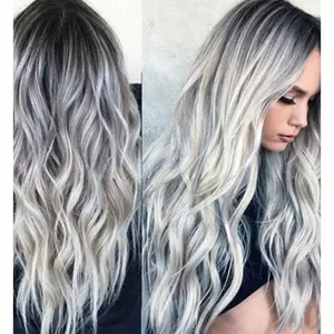 Women's long curly wig, big waves, black and gray gradient color, T-color long hair, European and American style, synthetic fiber headgear, 30cm long