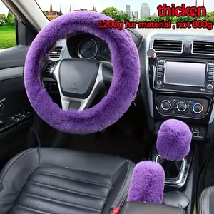 3pcs Set Womens Winter Fashion Wool Fur Soft Furry Steering Wheel Covers Fluffy Handbrake Cover Gear Shift Cover Warm Non-Slip