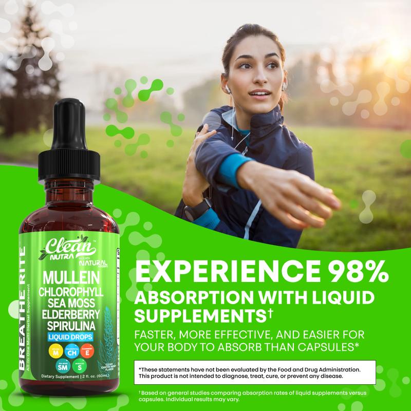 Clean Nutra Chlorophyll, Sea Moss, Elderberry, Spirulina, Licorice, Tart Cherry, Lobelia, Motherwort & More for Lung Detox Liquid Drop – Breathe Rite