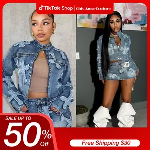 Denim Jacket & Skirt Set - Women's Long Sleeve Jean Outfit, Preppy Style with Pockets, Casual Comfort Wear Clothing Fabric Womenswear Chic, Birthday gifts, Valentine's Day gifts