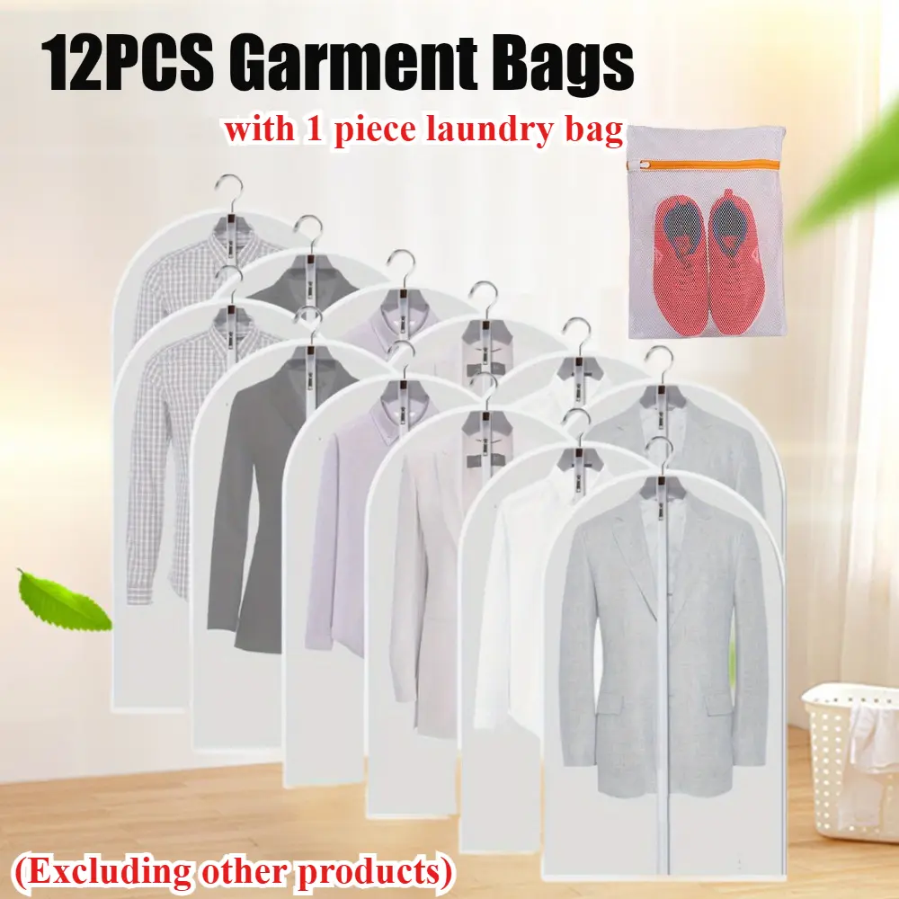 12 Piece Set Transparent Clothing Bag -23.62in X 39.37in, with 1 pcs Laundry Bag, Suit Dust Cover, Water Proof,for Hanging Clothes Storage of Shirts, Dresses and Jackets, Portable Wardrobe Organizer, Suitable for Bedrooms, Wardrobes, Homes and Dormitories