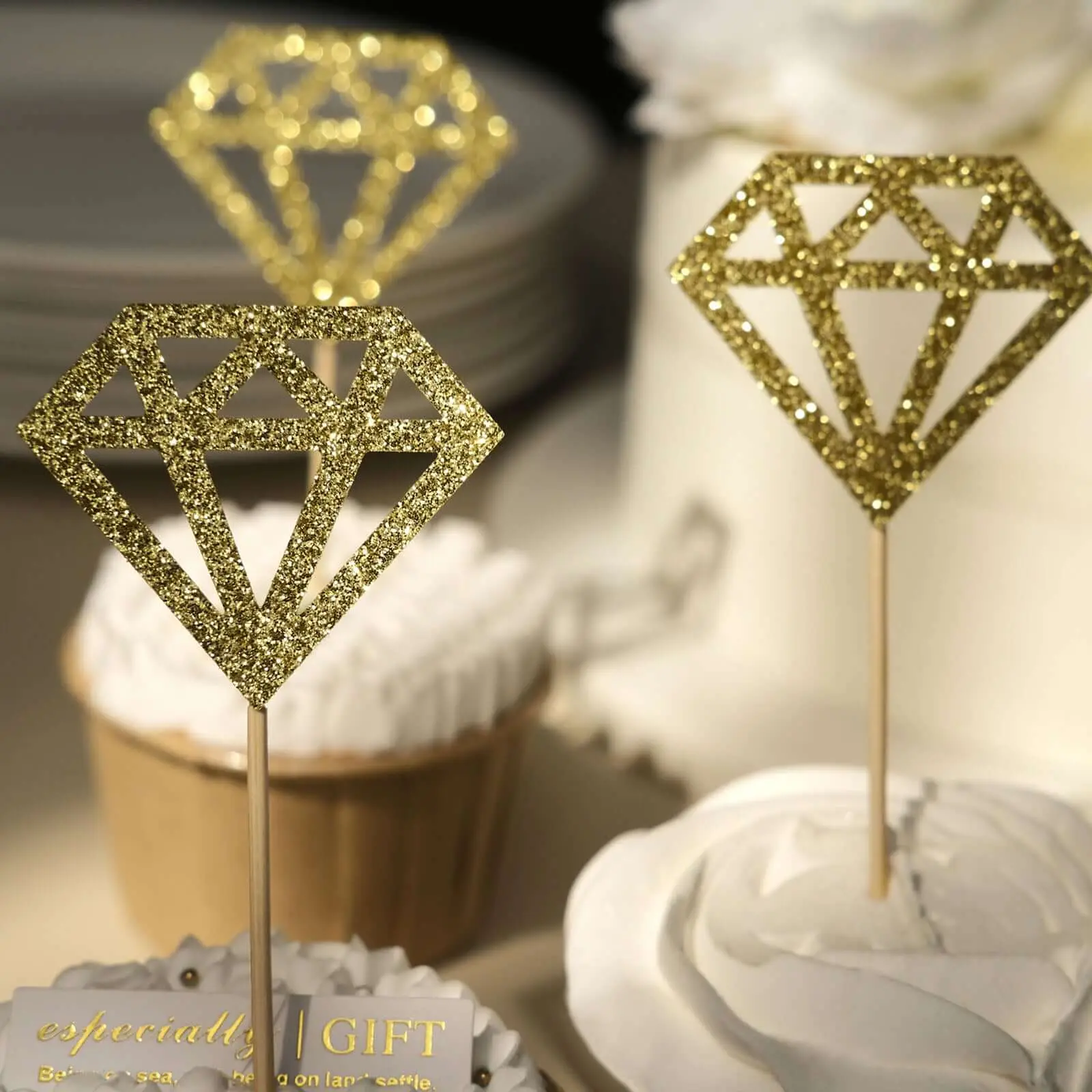 24-Pack 1-Sided Glitter Gold Diamond Ring Card Toppers, Cake Decorating Supplies for Engagement, Birthday, Graduation, Christmas Cup Cake Celebrations