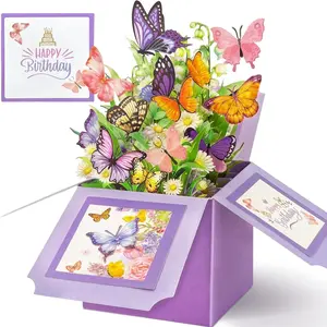 3D Birthday Cards, Butterfly Pop Up Card Box, Happy Birthday Gifts Cards for Women, Daughter, Mom, Sister, Friend, Butterflies & Flowers Greeting Card with Blank Notecard & Envelope