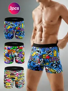 3-Piece Men's Long Boxy Underwear With Cartoon Graffiti Print, Super Soft And Breathable Street Boxer Underwear