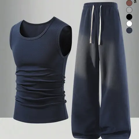 2-PackMen’s tank top and long pants set, multi-pack summer style—casual, versatile, minimalist basic design that looks good and is comfortable to wear, easy to pair.