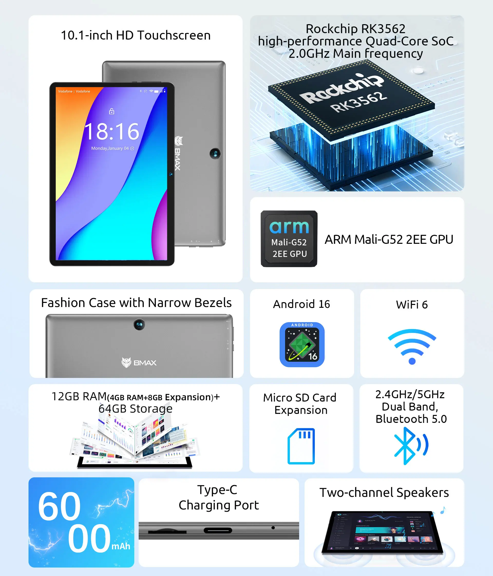 2026 BMAX-I9 Plus Tablet（WI-FI ）, Space Gray, 10.1-inches display,  Android 15/ GMS, supports Bluetooth 5.4tablets bundle with Keyboard,Case ,mouse,USB-C Adapter,bluetooth,5GWIFI Entertainment,Dual camera,widevine l1,Streaming