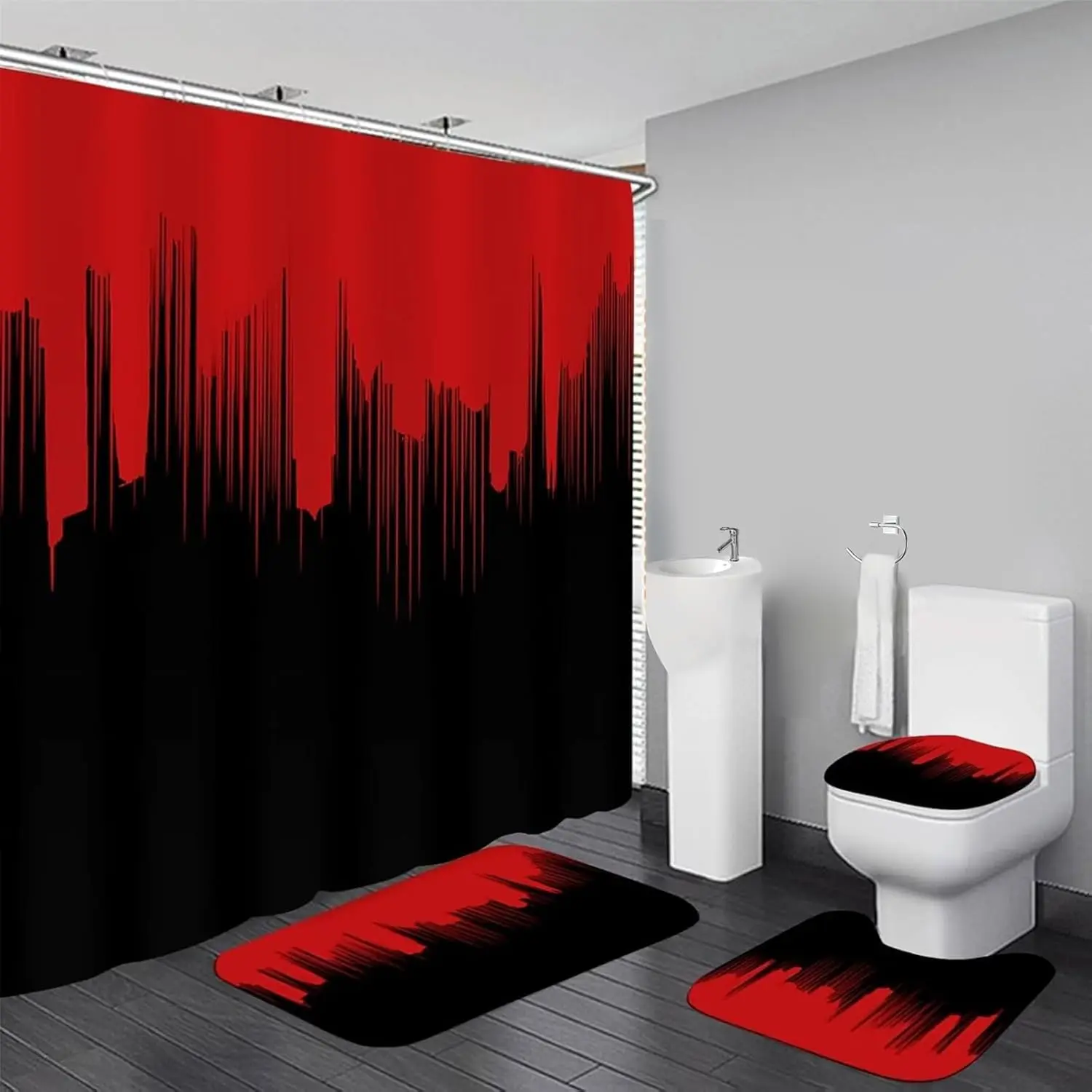 4 Pcs Red and Black Shower Curtain Sets Non-Slip Rugs Bath Mat Toilet Cover, U-Shaped Mat, Gradient Shower Curtain with 12 Hooks, Black and Red Bathroom Set