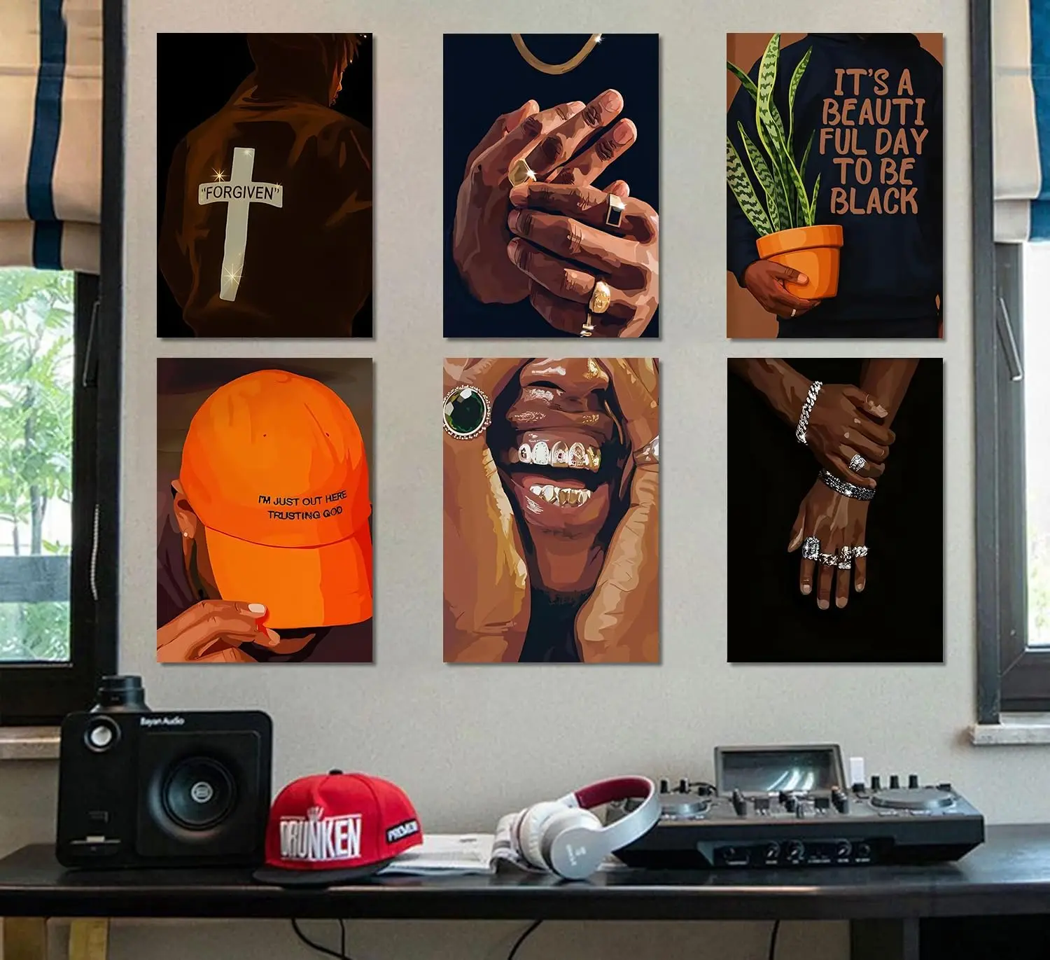 6 Pack 5D Diamond Painting Kit Modern Black Culture Fashion Art Cross Jewelry Gold Grill Orange Cap Inspirational Text Plant Portrait Crystal Rhinestone Wall Decor Gift
