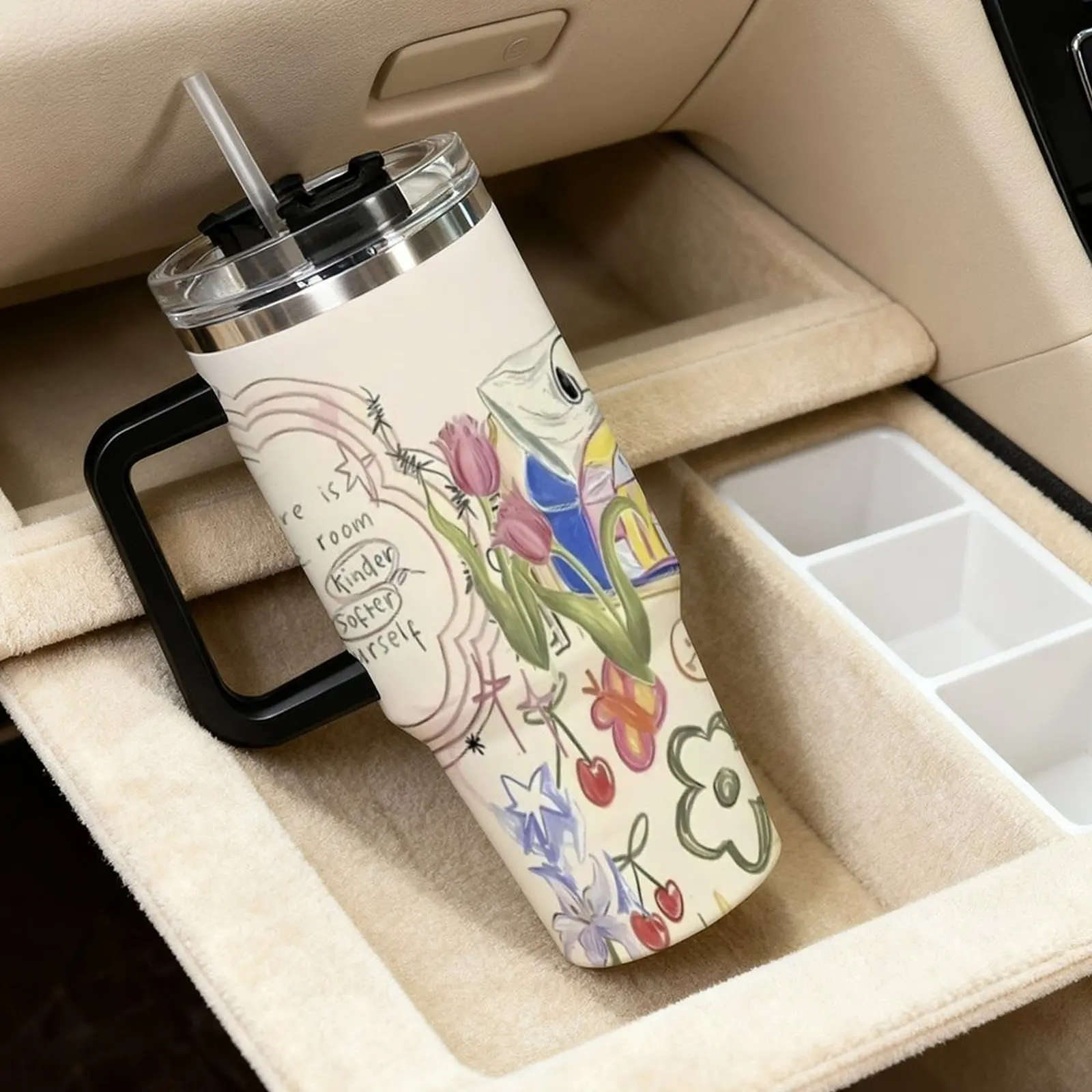 Women's Strawberry Floral Stainless Steel Vacuum Flask Tumbler - Leak-Proof, Double-Wall Insulated, Anti-Scalding, Portable Travel Cup with Convenient Handle and Straw, Cute Gift for Women