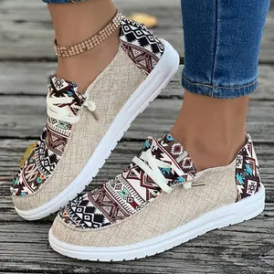Women's Brown Vintage Aztec Patchwork Lace-up Decor Flat Shoes Closed Walking Shoes Casual