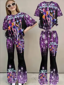 Cartoon Sister Character 3D Printed Short Sleeve T-Shirt + Bell Bottom Pants Set, Girls Casual Two-Piece, Fitted Style