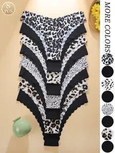 Women's Underwear Set, Pure Color & Leopard Pattern, Natural Waist Design, Breathable Comfort Fit, Casual Style, Everyday All Season Wear, Casual Comfy Panties