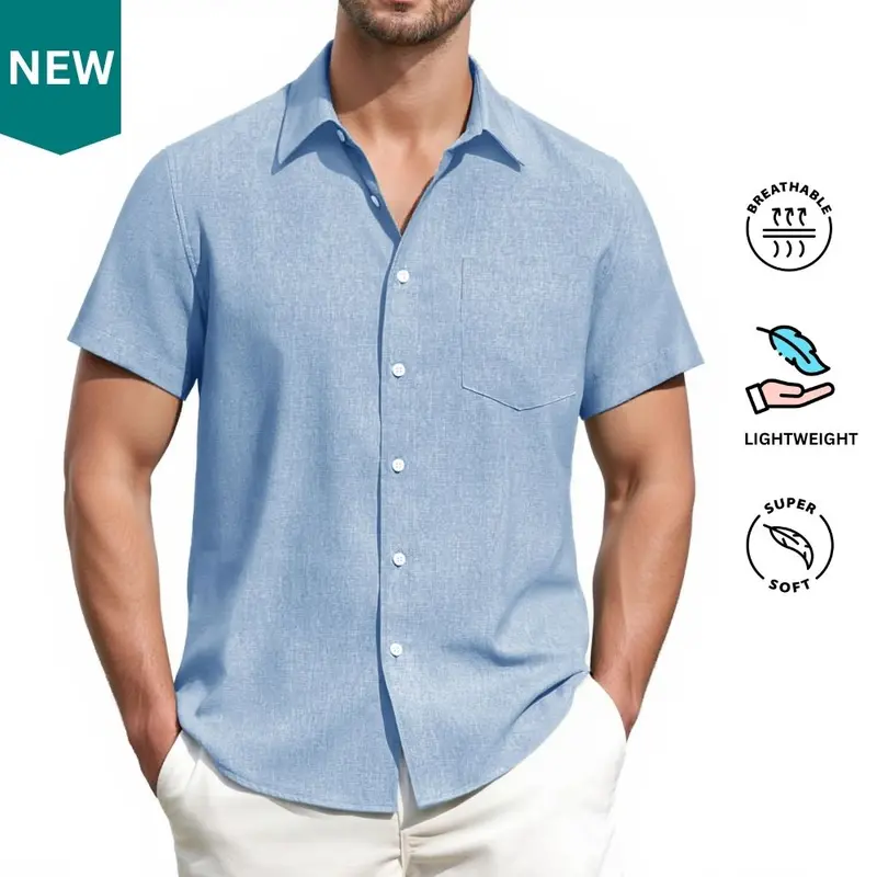 ROUWELL Men's Short Sleeve Linen Button Front Shirt - Spread Collar, 1 Pocket, Lightweight Breathable Sweat-Wicking Fabric, Chic Fitted Beach-to-Office Top for Summer Work, Party #BacktoSchool