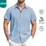 ROUWELL Men's Short Sleeve Linen Button Front Shirt - Spread Collar, 1 Pocket, Lightweight Breathable Sweat-Wicking Fabric, Chic Fitted Beach-to-Office Top for Summer Work, Party #BacktoSchool