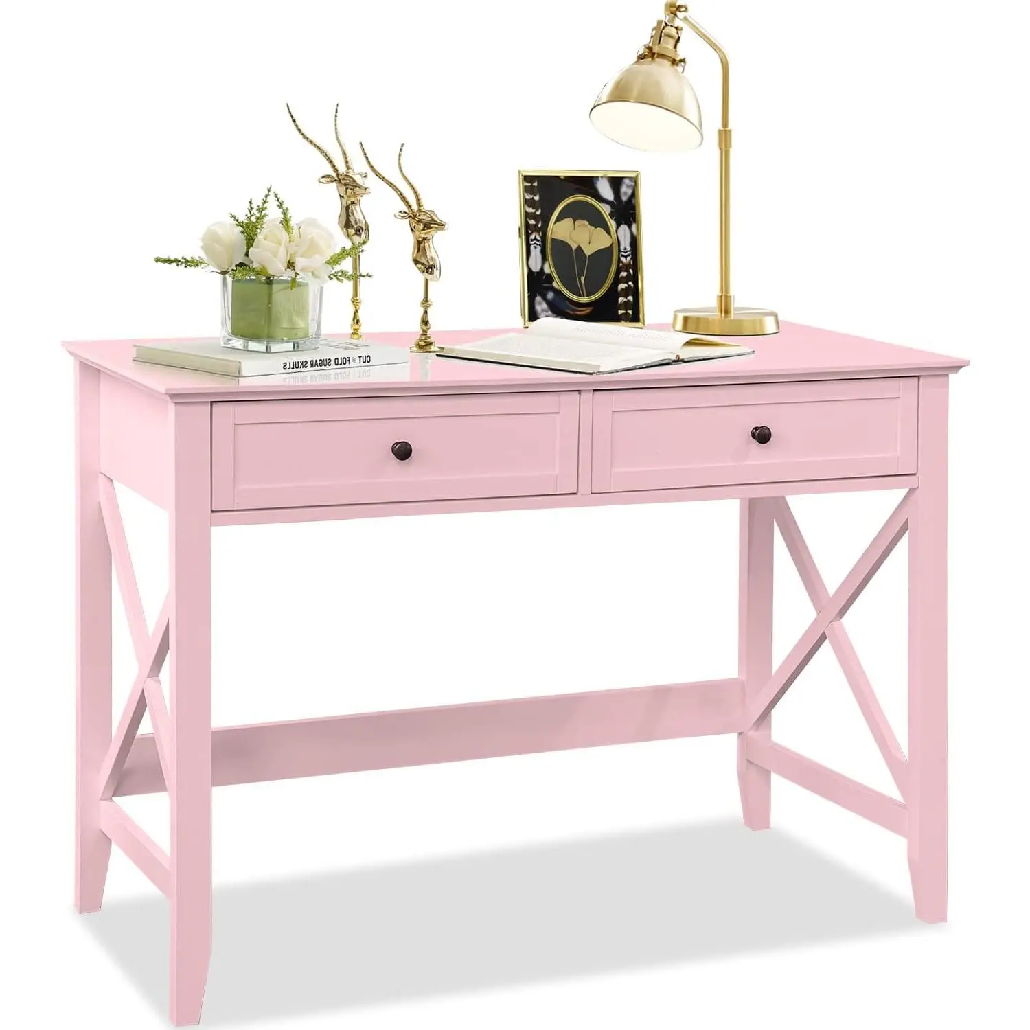 Writing Computer Desk with Drawers, Cute Modern Table for Bedrooms, Pink Vanity Table Office Desk with Drawers, Home Computer Desk for Girls Living Room Entryway, Pink