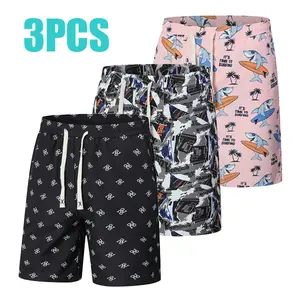 Men's 3-Pack Quick-Dry Beach Swimwear Shorts, Printed Patterns, Summer Vacation Casual Pants