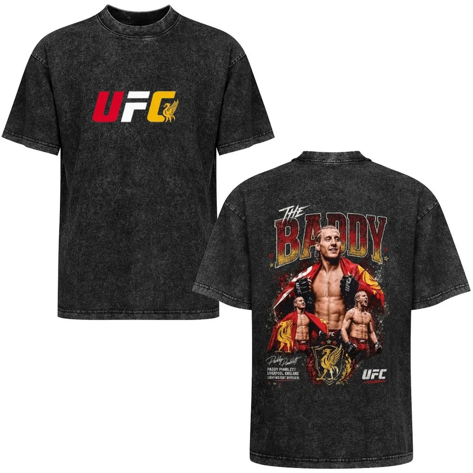 Paddy Pimblett "The Baddy" UFC Double Sided Graphic Black T-Shirt, Front UFC Logo Back Vintage Fighter Collage Print Tee, Retro MMA Boxing Streetwear Oversized Top, Casual Fight Fan Apparel Gift For Men Women