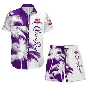 Vintage Purple Tropical Fern Men's Hawaiian Shirt and Short Light Beer Lovers Swim Trunks, Father's Day Aloha Gift for Him, Trendy Casual Breathable Surfing Beach Shorts Swimwear Menswear