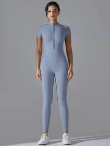 Women's Solid Zip Up Sports Jumpsuit, Casual Comfy Breathable Short Sleeve Jumpsuit for Yoga, Ladies Sportswear for All Seasons, Gym Workout Clothes