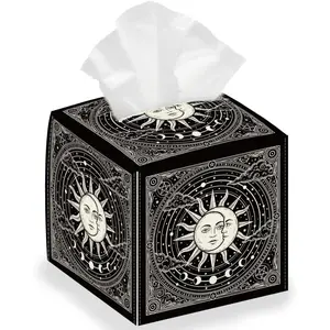 Astrological Tissue Leather Box Sun Moon Square Tissue Case Cover Foldable Tissue Storage Box Waterproof Paper Towel Case Container Organizer Tissue Holder for Home Bedroom Office Car