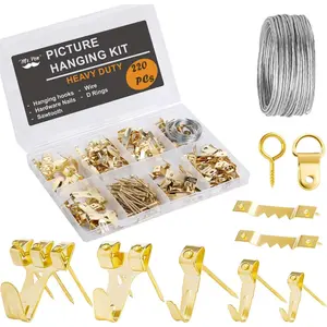 Picture Hanging Kit, 220 pcs, Gold, Assorted Hooks, Nails, Sawtooth Hangers, D-Rings, Steel Wire, Ring Hooks, Home Wall Mount Hardware for Frames, Canvas, Décor