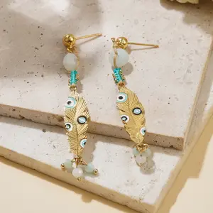 Kovonchy 2026 New Gold-Plated Evil Eye Feather Pendant Earrings – Beaded Enamel Bohemian Style Long Earrings, Unique Jewelry Gift, Stylish Retro Style, Perfect for Parties and Vacations, Novel Earrings