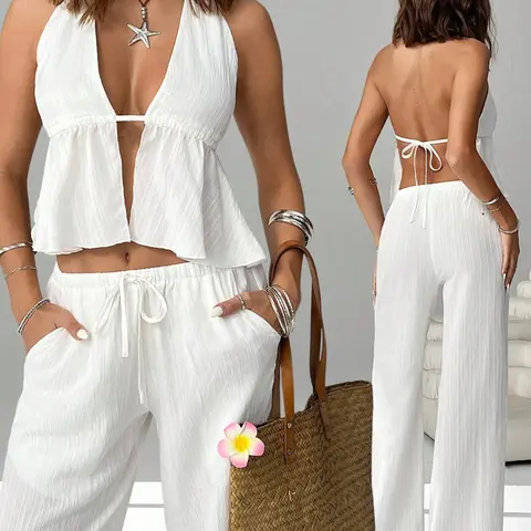 Women's 2-Piece Set, Backless Tie Neck Adjustable Fit Sleeveless Top & Solid Color Elastic Waist Straight Leg Pants, Summer Beachwear Clothes
