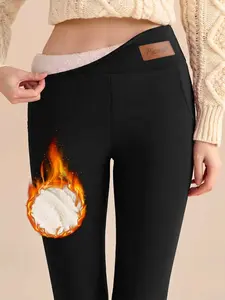 Leather label and fleece leggings for women in autumn and winter, high waisted leggings, warm yoga sweatpants