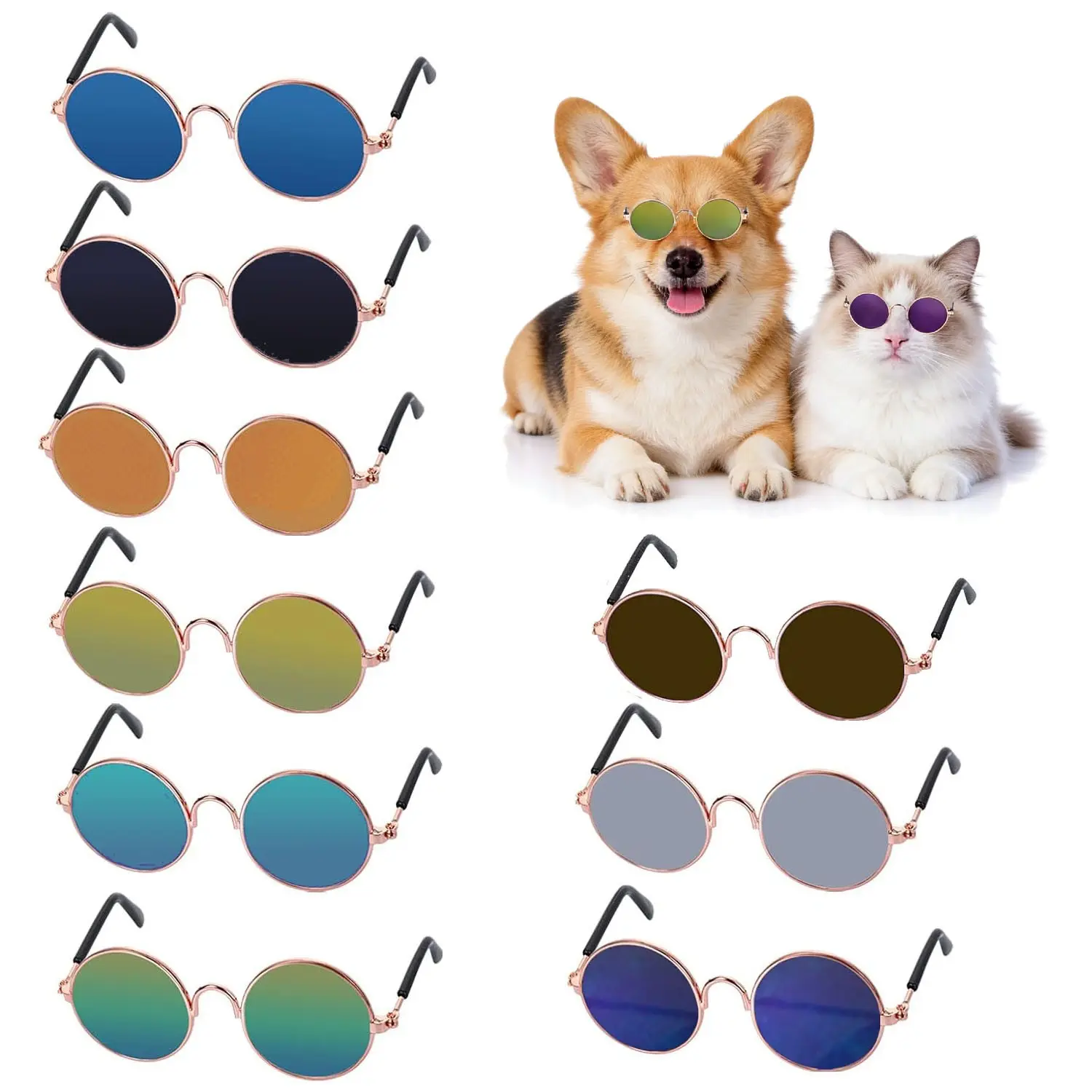 Cat Sunglasses - 9Pcs Cat Photo Props UV Protection Classic Retro Small Dog Mini Sun Glasses Dolls Round Sunglasses Party Cosplay Costume Cute Mini Funny Sunglasses Clothing