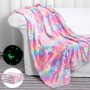 Glow in The Dark Blanket Unicorn Gifts for Kids Girls Teen Birthday Christmas Halloween Present Light Up Rainbow Unicorn Bedroom Bed Decor Fun Soft Fluffy Plush Glowing Throw Pink 50"x60"