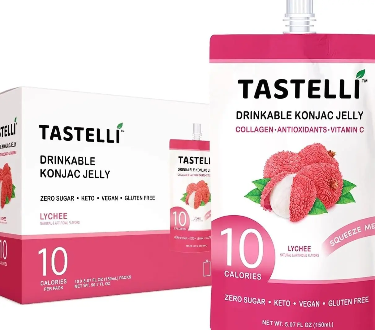 Tastelli Konjac Jelly Infused with Collagen Drink + Vitamin C + Antioxidants / 10 Calories, Vegan, Zero Sugar/Healthy Drinkable Dessert Pouch / (Lychee) - 150mL x 10 Pouches